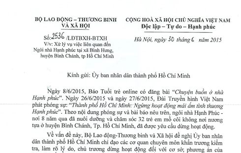 [MOLISA] Công văn của Bộ LĐ-TBXH gửi UBND TP. Hồ Chí Minh về vụ việc liên quan đến Ngôi nhà Hạnh phúc
